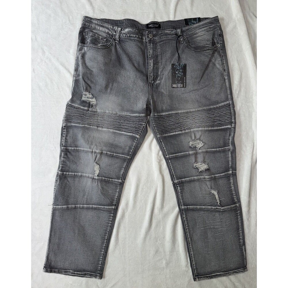 Smoke & Ash Moto Biker Jeans Men’s 50x30 Gray Distressed Ripped Stretch Faded
